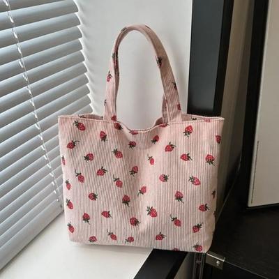 Strawberry Print Shoulder Bag For Women New Fashion Corduroy Large Capacity Shopping Bag Solid Color Handbag Tote Bag