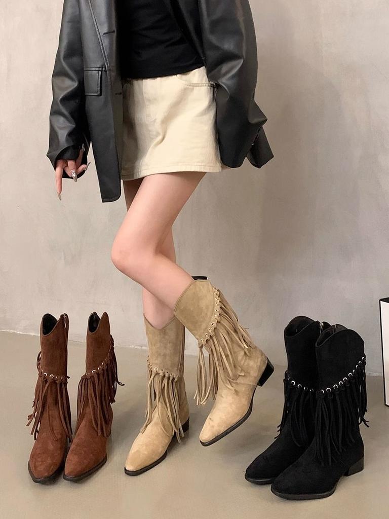 Elegant with Low Heels Pointed Toe Tassel Half High Boots for Women Spring Autumn Mid Calf Shoes Woman Large Size Hot Chic Boot
