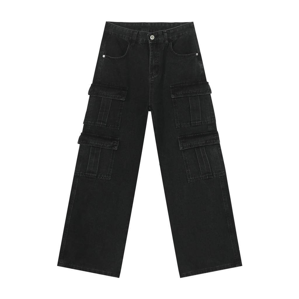 Pantaloni Lunghi Vintage Multi-tasche Jeans Lavati da Uomo High Street Larghi Dritti Pantaloni da Lavoro Jeans Dritti Larghi per Uomo alla Moda e Comodi