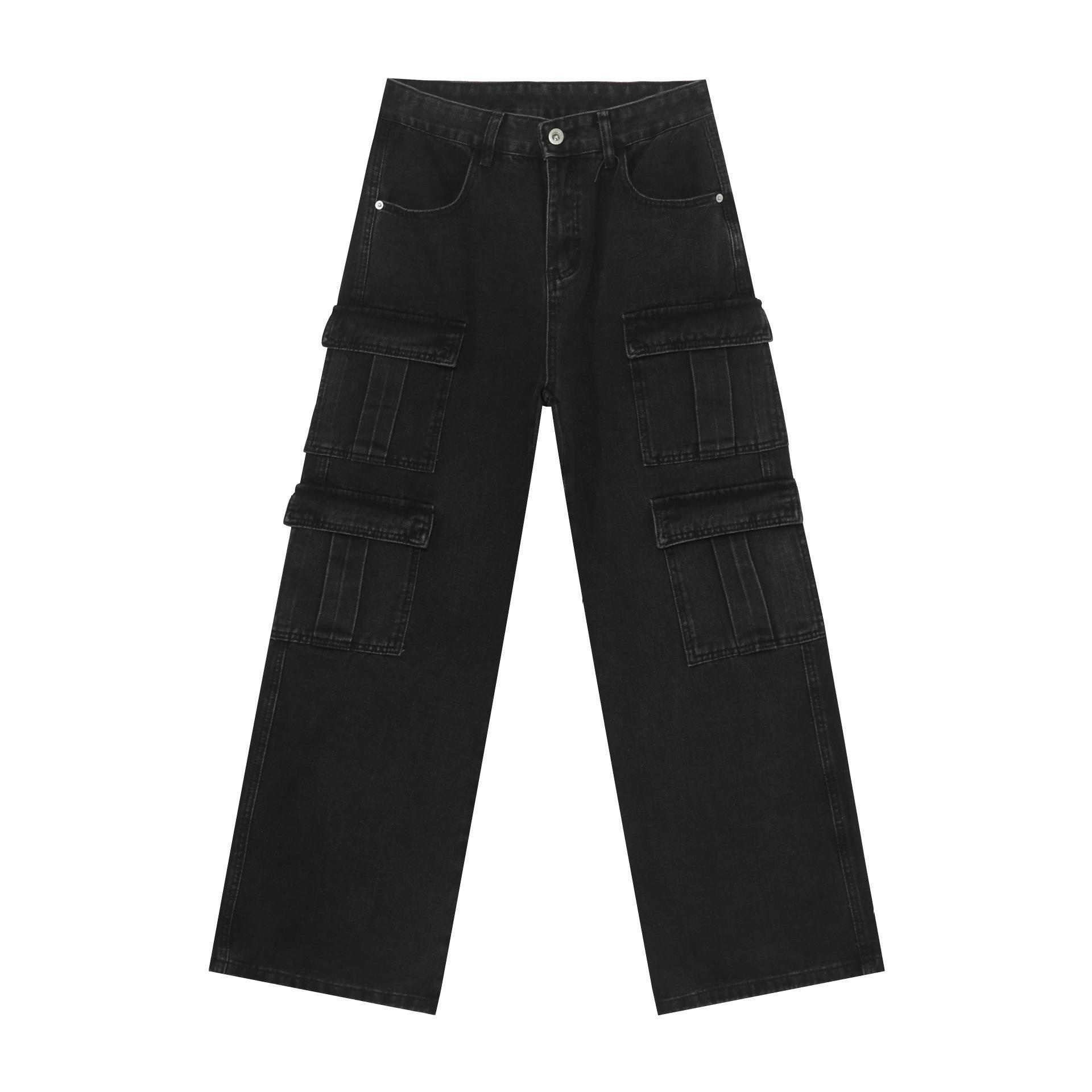 

Длинные брюки, потертые старые джинсы, мужские ретро-широкие прямые свободные брюки с множеством карманов, прямые свободные джинсы для мужчин, модные и удобные брюки XL черный серый