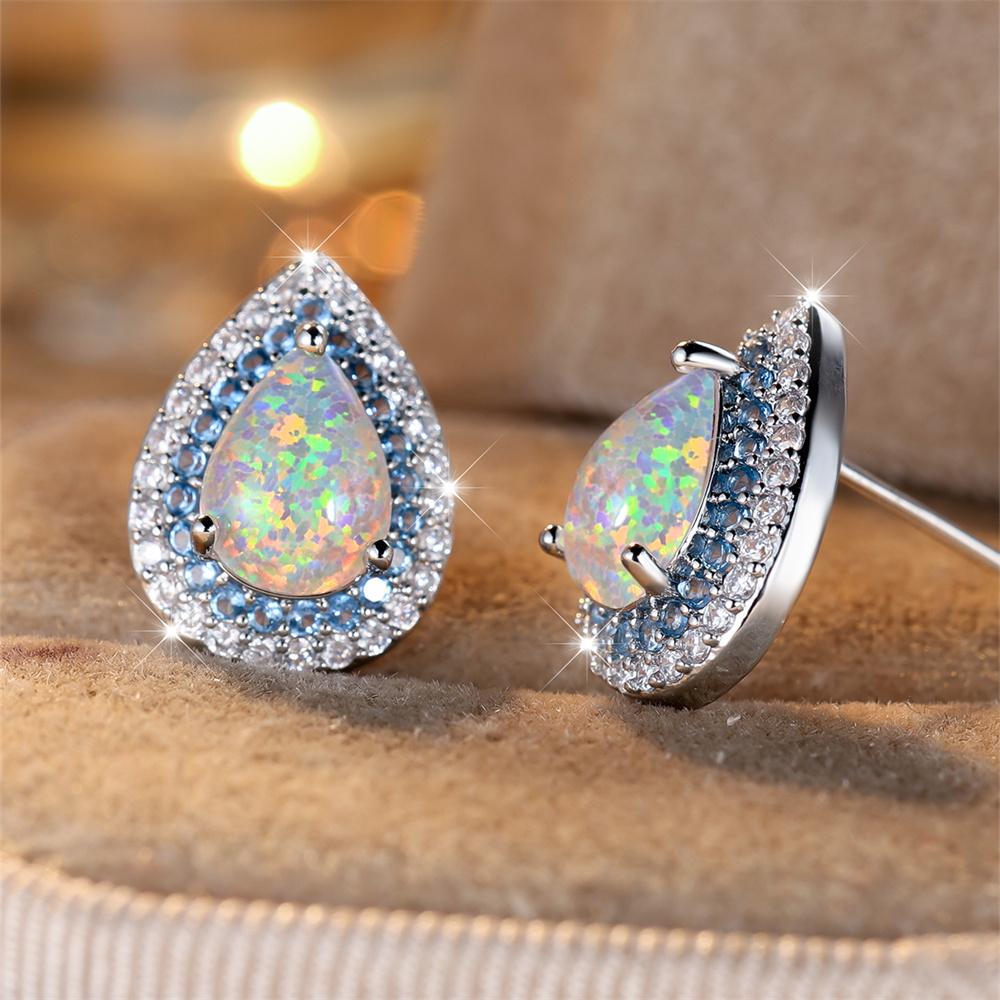 White Fire Opal Stud Earring Cute Blue Crystal Water Drop Stone Earrings For Women Trendy Silver Color Wedding Jewelry Accessory