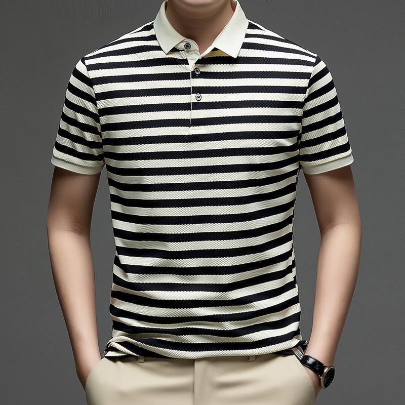 Summer Men's Trendy Casual Striped Short Sleeve T-Shirt Polo Shirt Fashion Loose Fit Lapel Collar Top