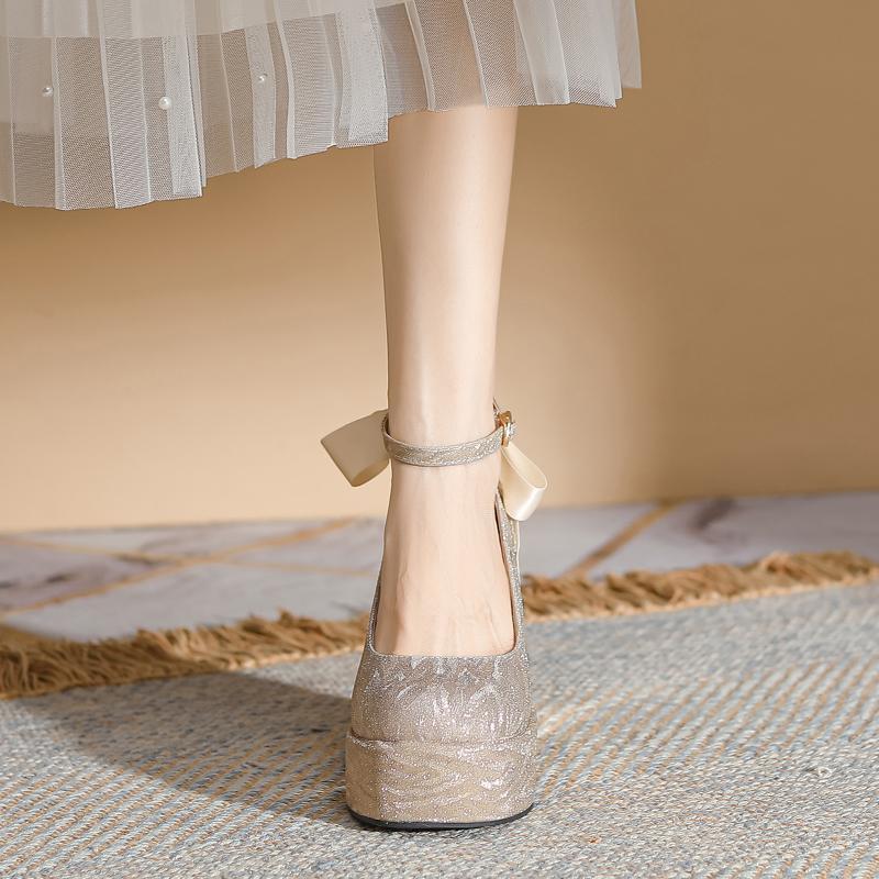 2025 French Silver Platform Non-slip Mary Jane High Heels Women's Chunky Wedding Shoes Bride Shoes Small Line with Single Shoes