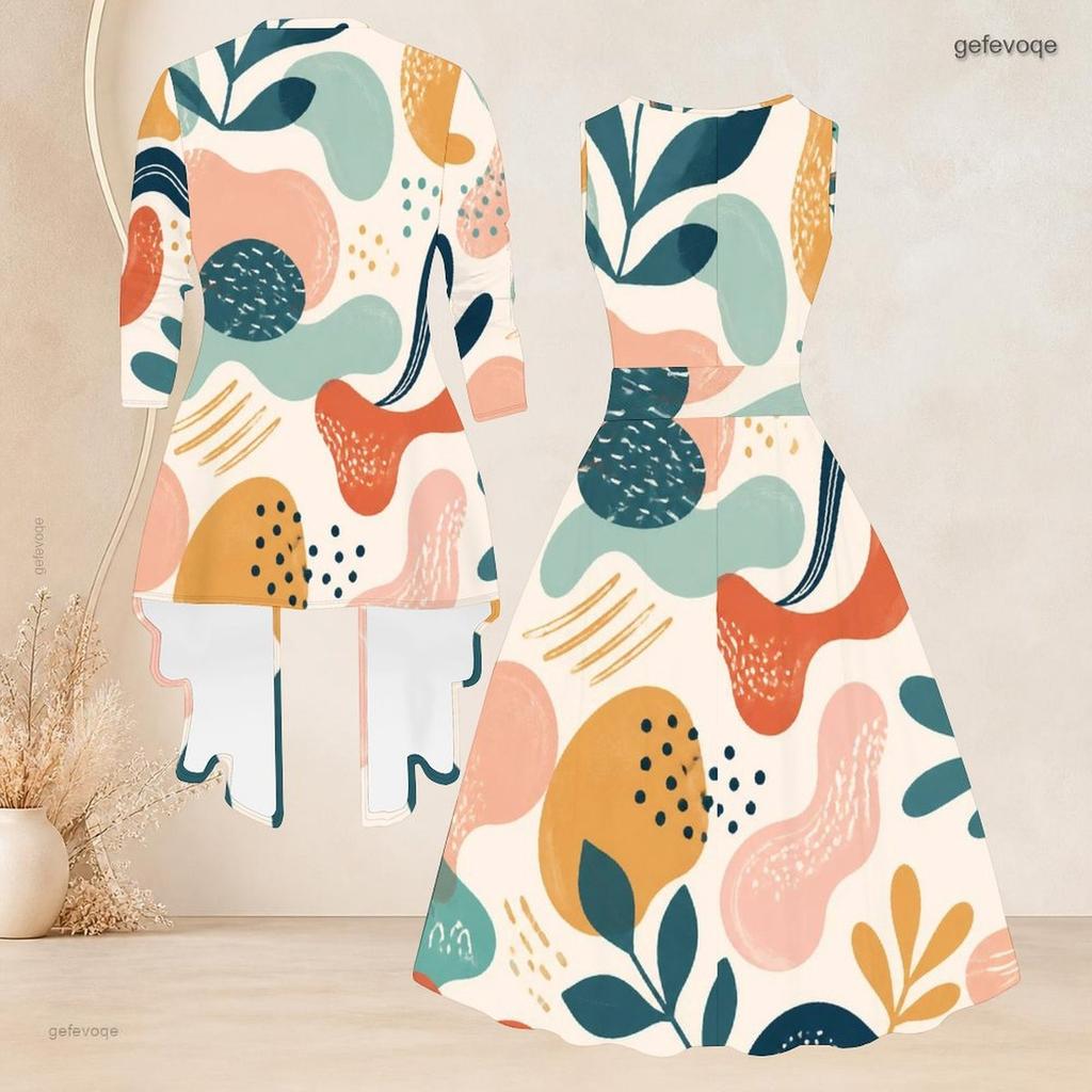 Women Plus Size Printed Two Piece Set Sleeveless Tie Waist Flared Dress 3 4 Sleeve Open Cardigan