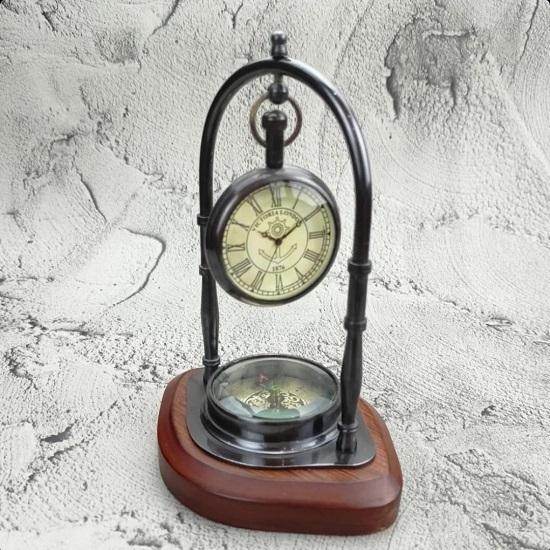 Table Clock with Wooden Compass Stand Exim Décor Hanging Clock Ship Brass Compass with  Victoria London Pocket Watch Finish