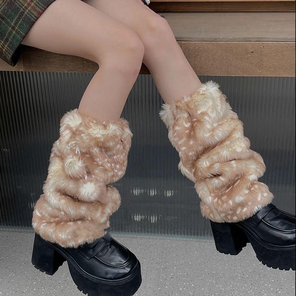 Faux Fur Plush Lace Winter Hat Leg Warmers Ear Protection New Reindeer Furry Boots Socks Cover