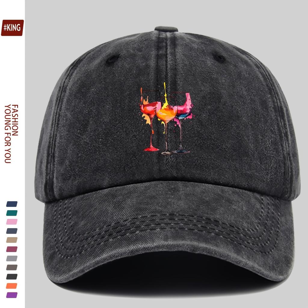 Cappellino da Baseball in Cotone Lavato con Disegno di Calice da Vino, Cappello in Denim Regolabile, Unisex, Casual, per Esterno, Cappellino da Golf