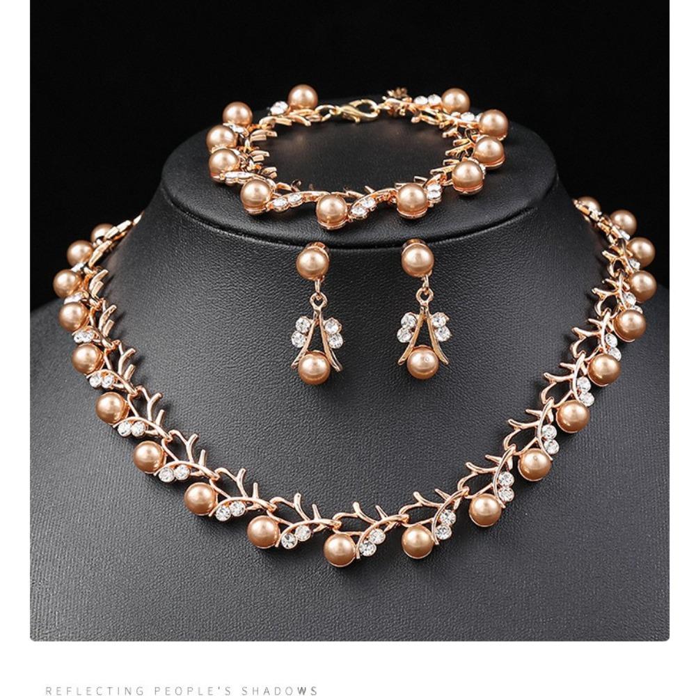 Korean Version of Pearl Necklace Earrings Set Bridal Dress Versatile Accessories Small Fresh Alloy Electroplating Three-piece Set