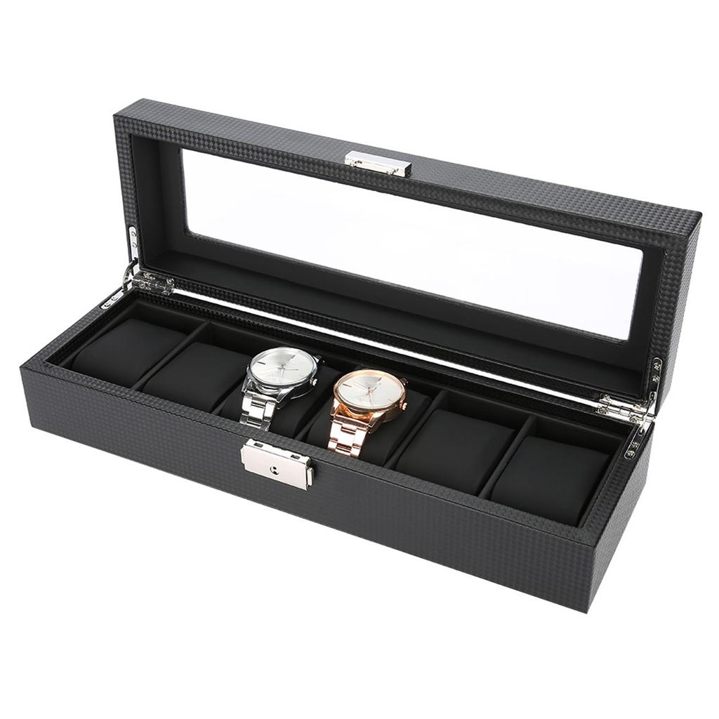 Watch Gift Box, 6 Grid PU Carbon   Lther Watch Case Watch Box