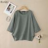 ZANZEA Women Casual Round Neck 3/4 Sleeve Loose Irregular Blouse