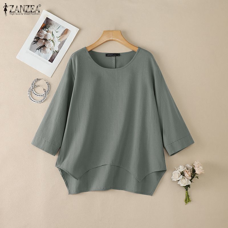 ZANZEA Women Casual Round Neck 3/4 Sleeve Loose Irregular Blouse