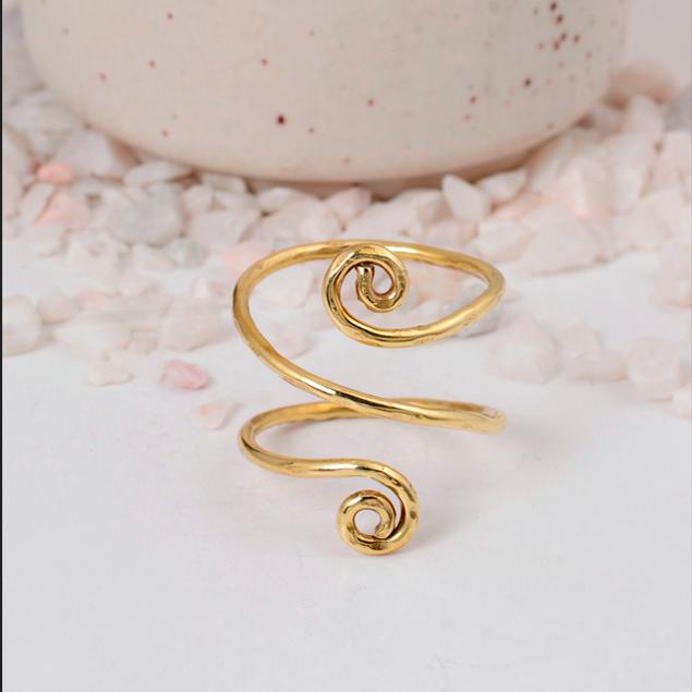 Bohemian Gold Spiral Coil Ring: Wide adjustable wire wrap ring with opposing scroll ends, perfect for a statement or toe ring.