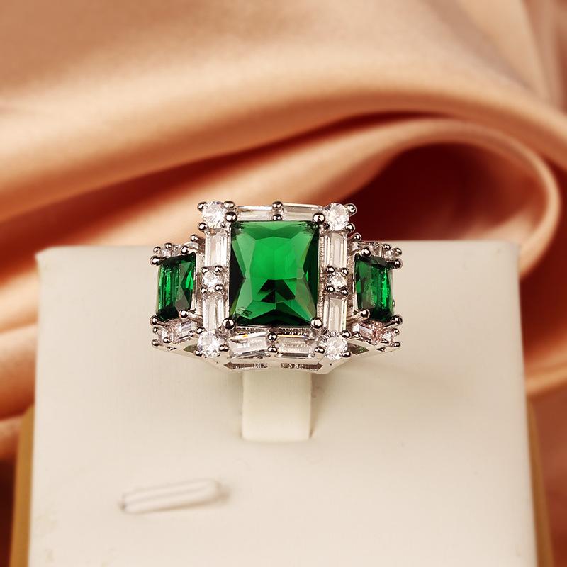 Rectangular Zircon Ring Imitation Emerald Diamond Inlay Handmade European and American Personalized Colored Treasure Ring