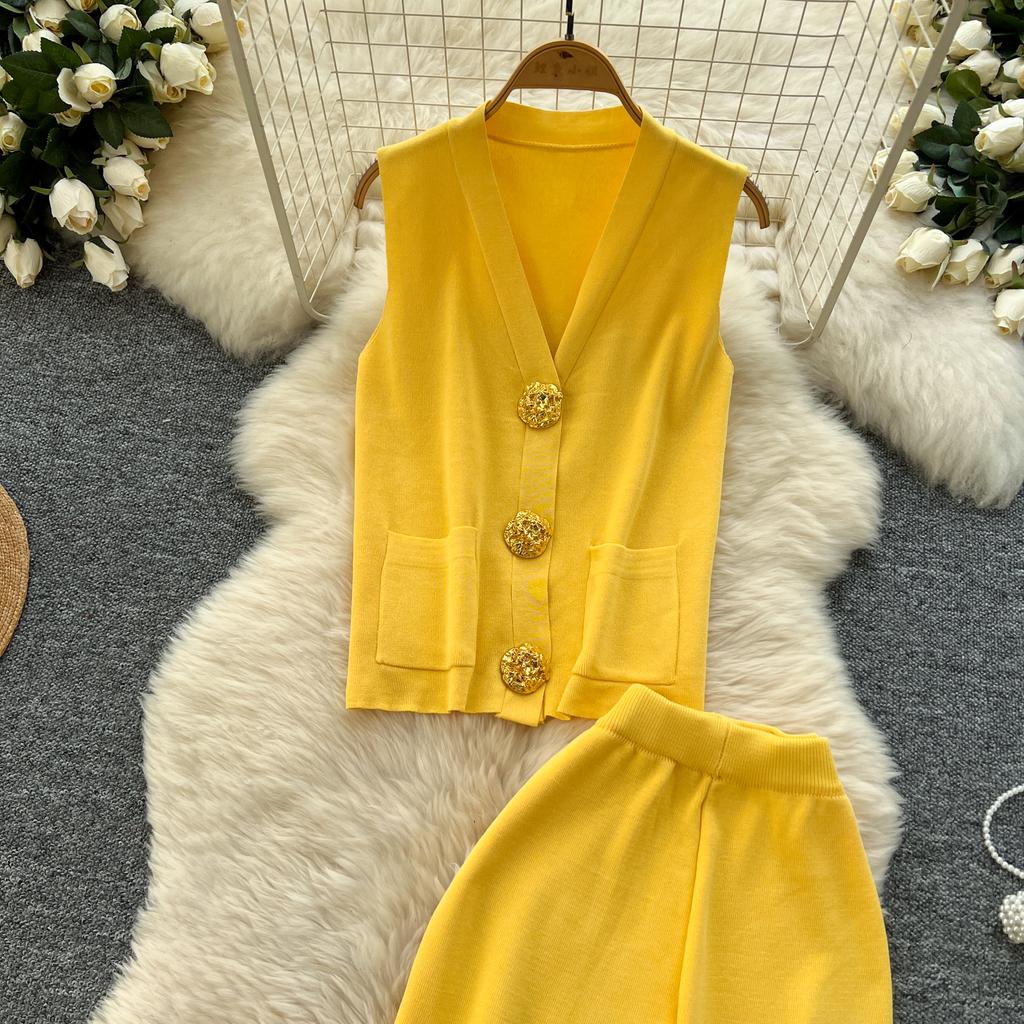 Summer Women Knitted Sweater Tracksuit Sleeveless Big Gold Button Tank Vest Tops and Wide Leg Pant Two Piece Set
