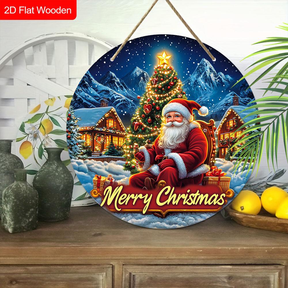 Merry Christmas Wooden Sign with Santa Claus Pattern - Navidad Round Sign for Front Door, Wall Hanging Decor - Ideal Christmas Decoration