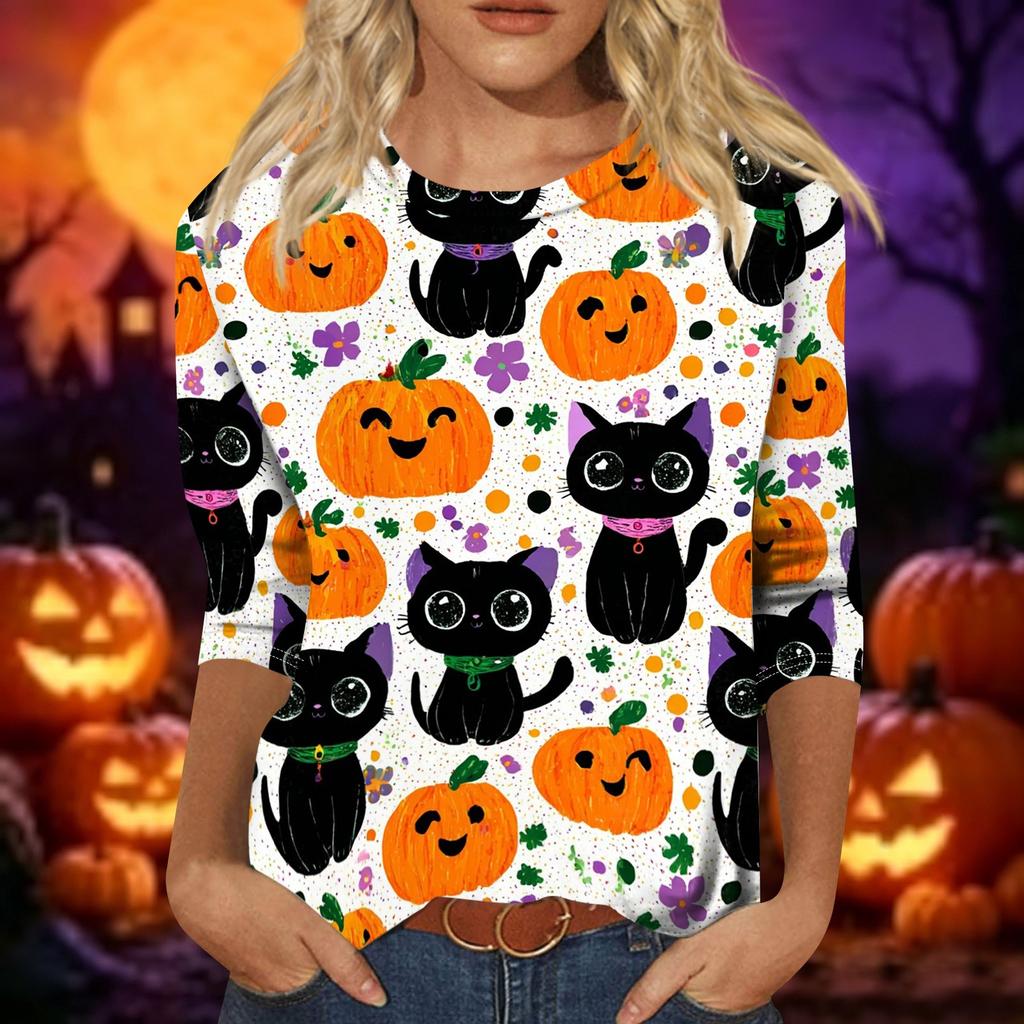 Women's Casual Halloween Print 3/4 Sleeve Round Neck Top Lightweight Soft Fabric Pullover Shirt for Everyday Wear