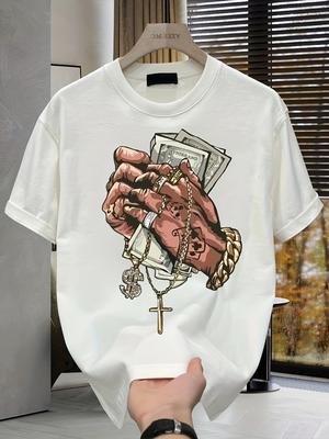 T-shirt Homme Été 100% Coton Pur Impression Graphique Argent et Croix Mode Décontracté Sport Lâche Col Rond Manches Courtes