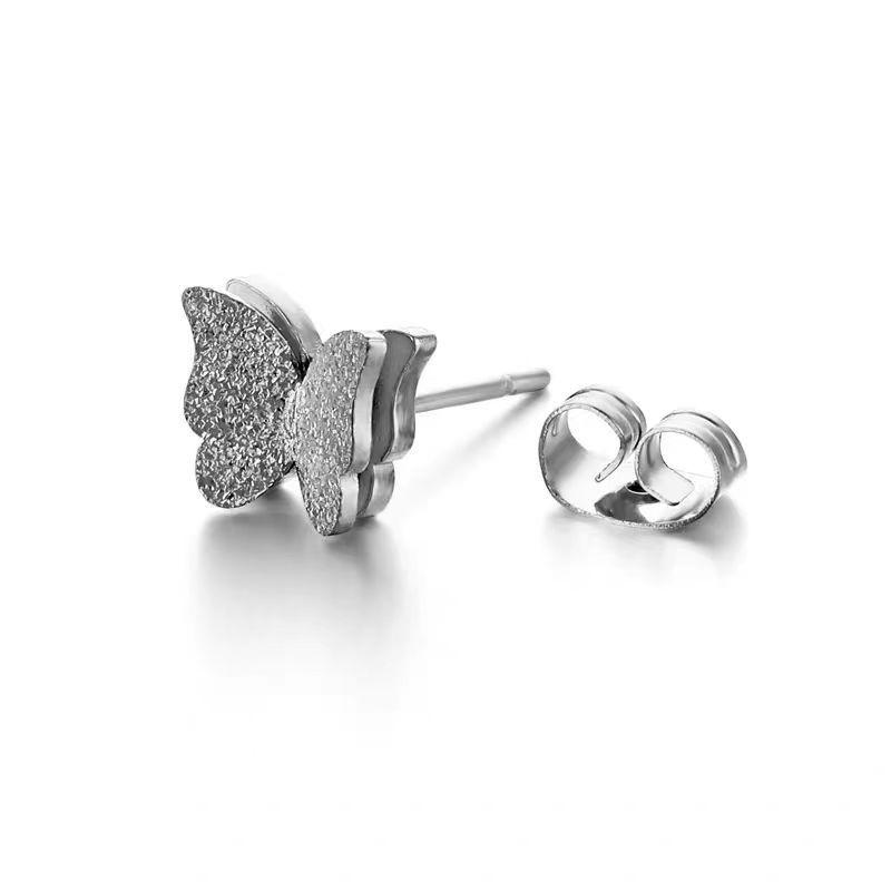 Elegant Frosted Double-Layer Butterfly Stud Earrings - Versatile Stainless Steel with Screw-back for Women