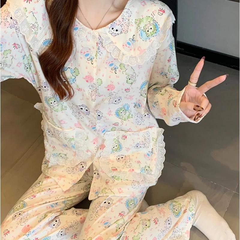 Sweet Little Cat Print Women's Pajamas Funny Cute Cloud Cotton Nightwear Fashion Colorful Chic Spring New Homewear