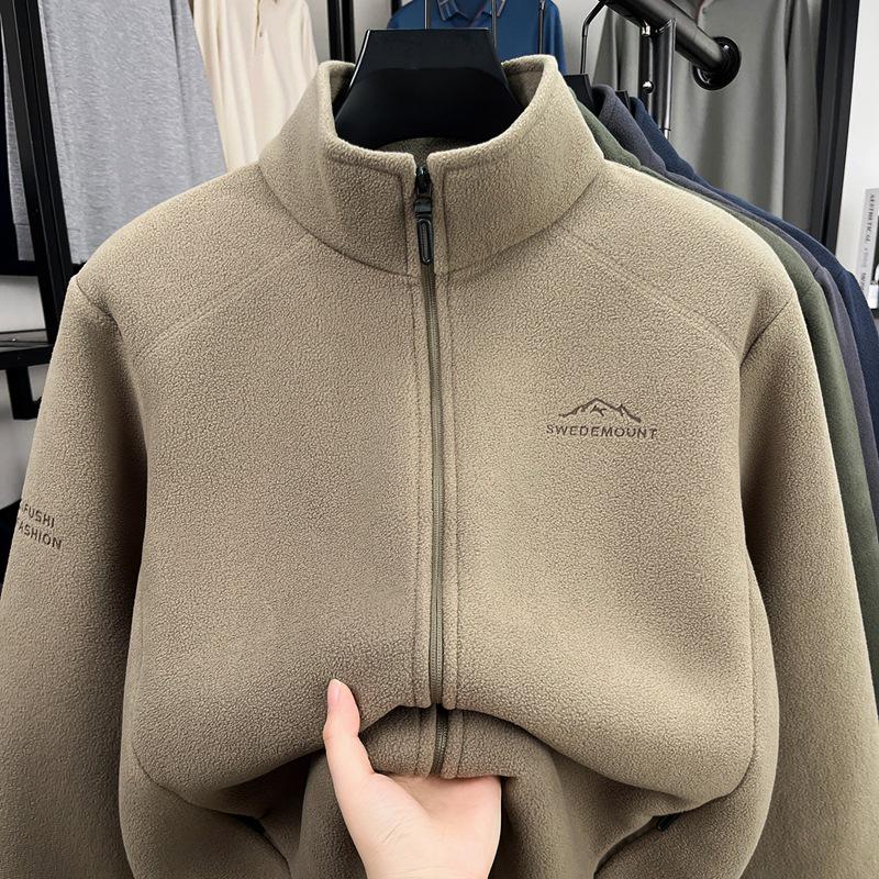 

2025 Men s Fashionable Stand Collar Fleece Jacket - Warm, Windproof, Double-Sided, Printed Solid Color XL хакі