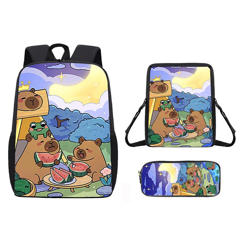 Cartoon Capybara Pattern Backpack Shoulder Bag Pencil Case Three Piece Set