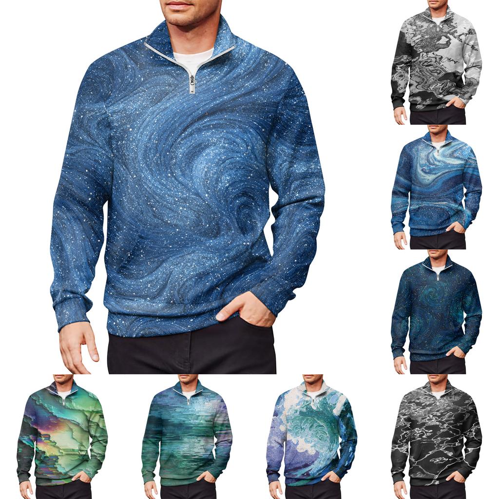Men's Loose Casual 1/4 Zip Sweatshirt Fashion Printed Long Sleeve Top With Pockets