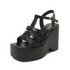 11CM Black Platform High Heels Sandals Woman Belt Buckle Chunky Heeled Sandals Punk Gladiator Shoes Summer Wedges Block Shoes