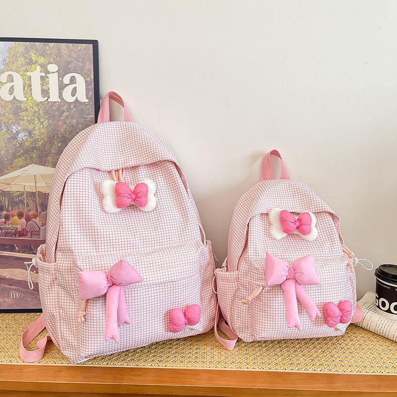 Cute Bowknot Plaid Backpack for Women Girls Large Capacity School Bag Casual Travel Daypack College Student Bookbag