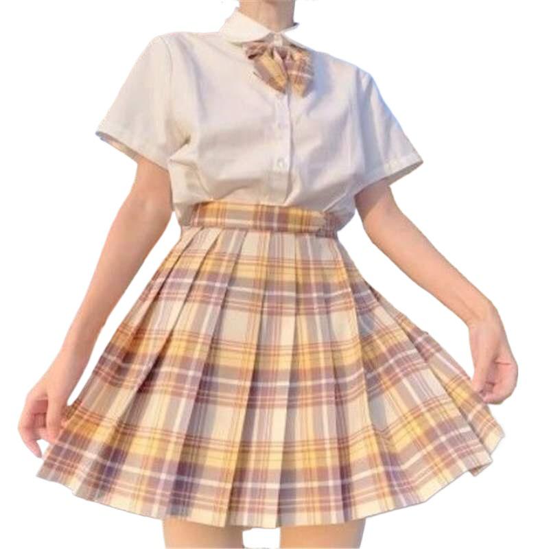 12-Year-Old Girls' Cute Yamabuki Check Sailor Uniform: Navy Skirt & Short Sleeve Top