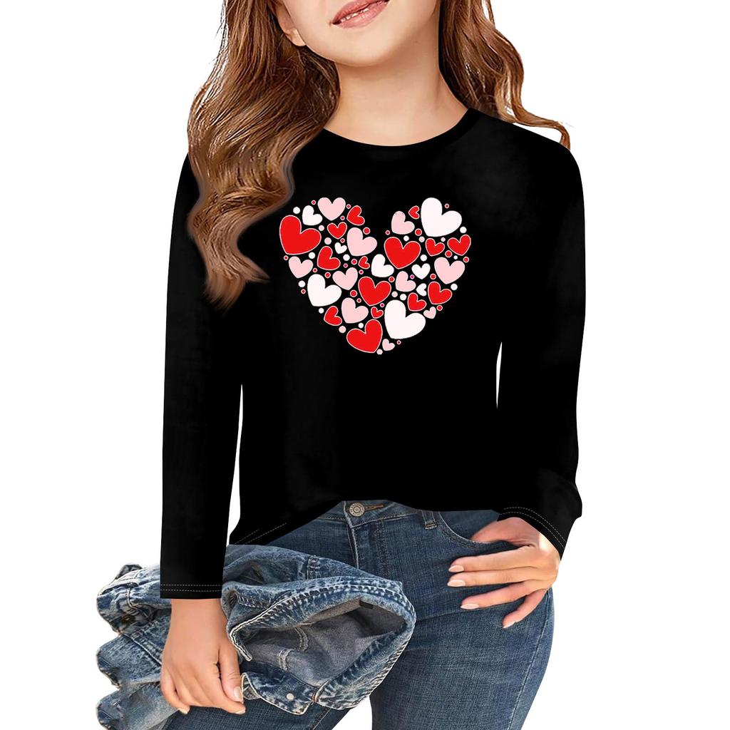 Långärmade T-shirts för flickor med kärlek och alla hjärtans dag-motiv, hösttoppar, rund hals, enkla T-shirts för barn, 5-14 år