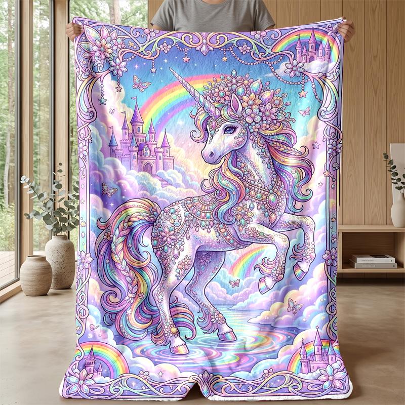Magical Unicorn Rainbow Theme Blanket Lightweight Warm Flannel Blanket Decorative Throw Blanket for Home Decoration