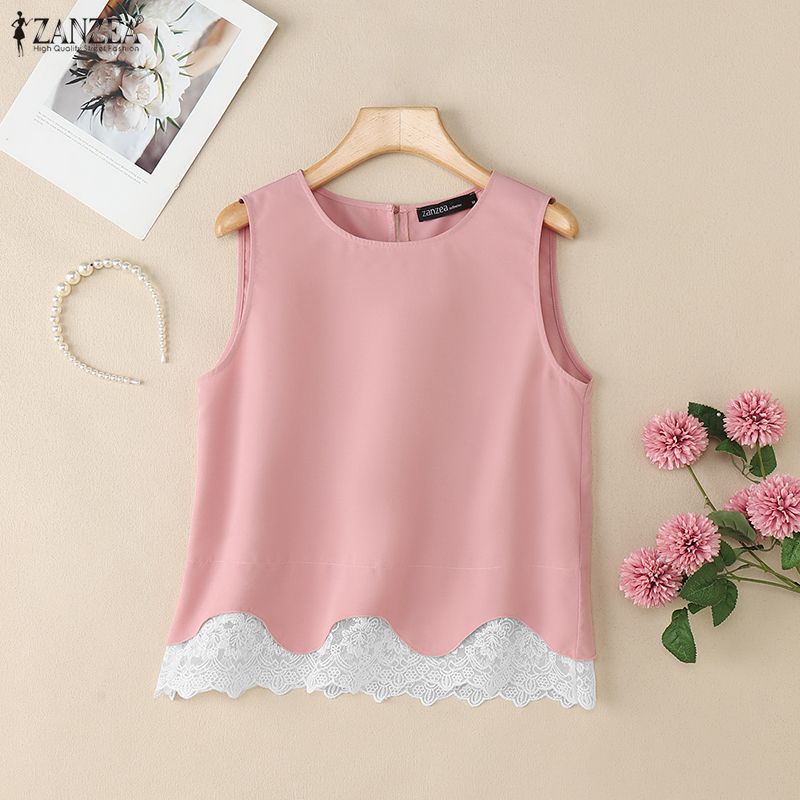 ZANZEA Women Lace Splice Summer Casual Round Neck Sleeveless Tank Tops