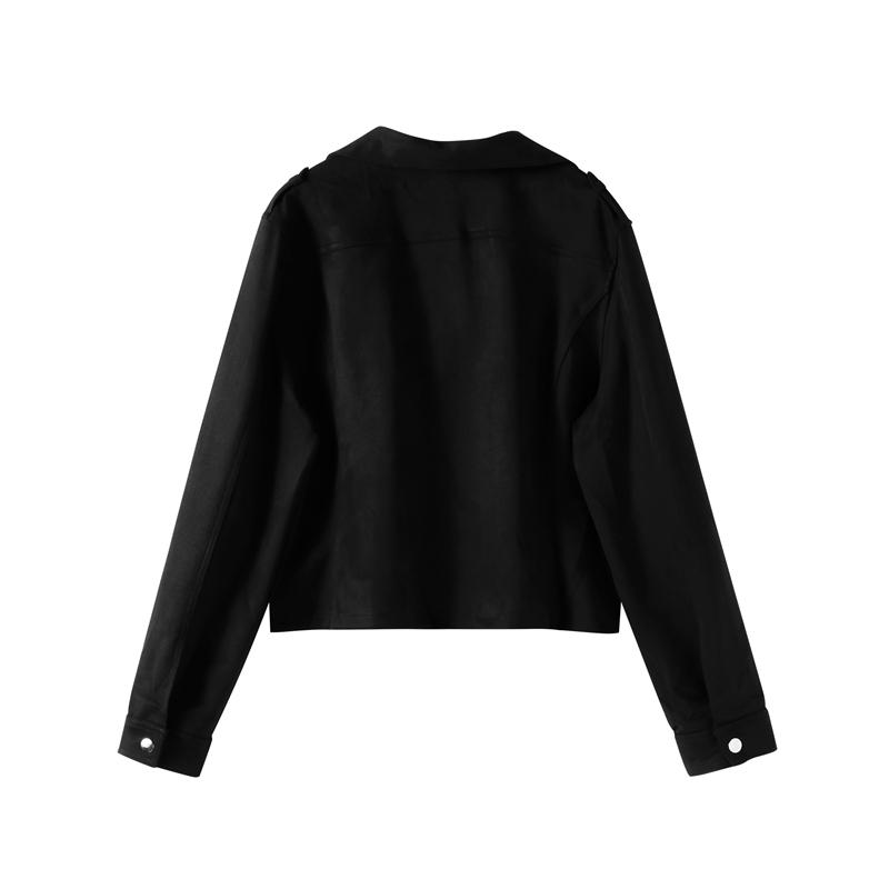 Jaqueta Vintage de Couro Camurça Sintético Slim Fina Feminina Gola Virada para Baixo Zíper Casaco Curto Manga Comprida Jaquetas Sólidas Estilo Motociclista Casual Outono Inverno