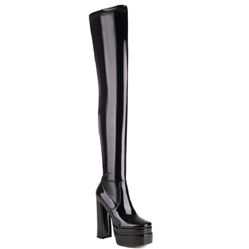 Sexy Elastic Over the Knee High Boots Women Autumn Winter Shoes Punk Heel High Boots For Women Square Toe Dance Shoes Large Size