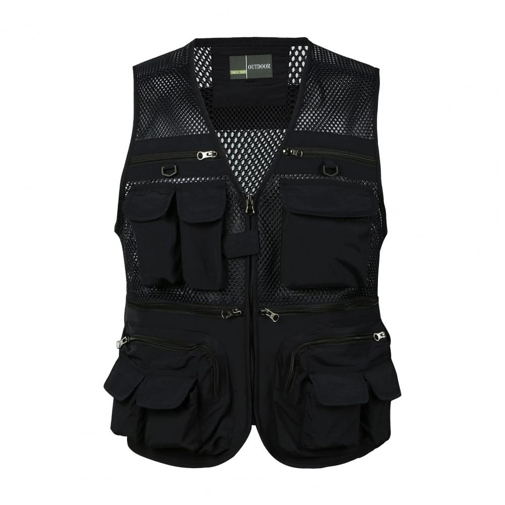 Men Cargo Waistcoat V-neck Sleeveless Zipper Placket Vest Coat Solid Color Mesh Stitching Multi Pockets Fishing Hiking Waistcoat
