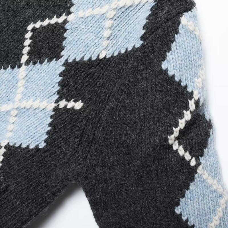 European and American Style, New Women's Clothing, Fashionable Versatile Rhombus Pattern Round Neck Pullover Knitted Long-sleeved Jacket