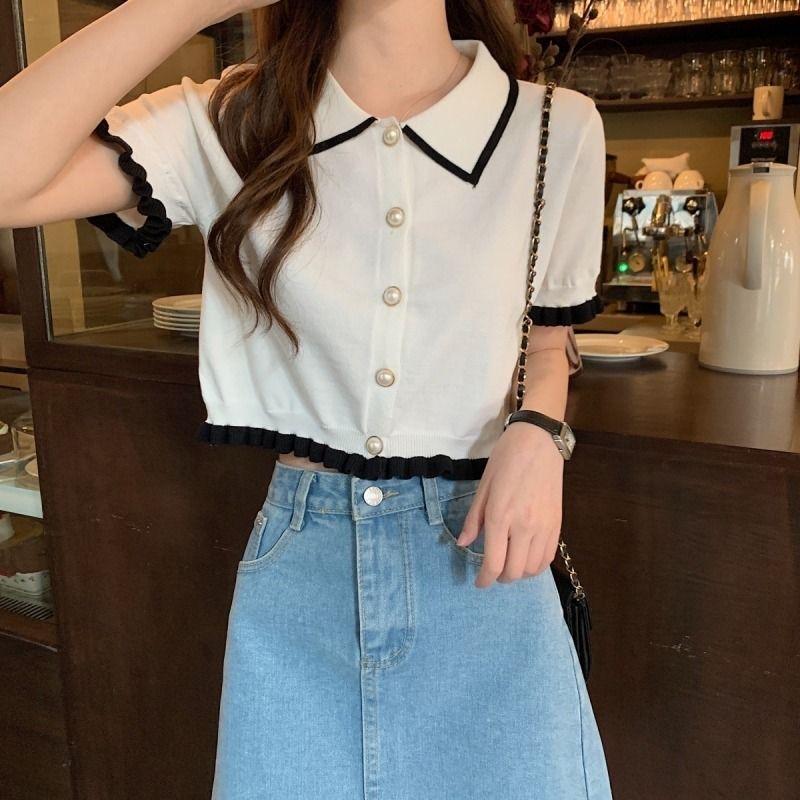 VAYLA Button Short Tops Tees Patchwork Y2k Shirt Clothing Women Pullovers Jumper Striped Sweater Fungus Blouse For Girls