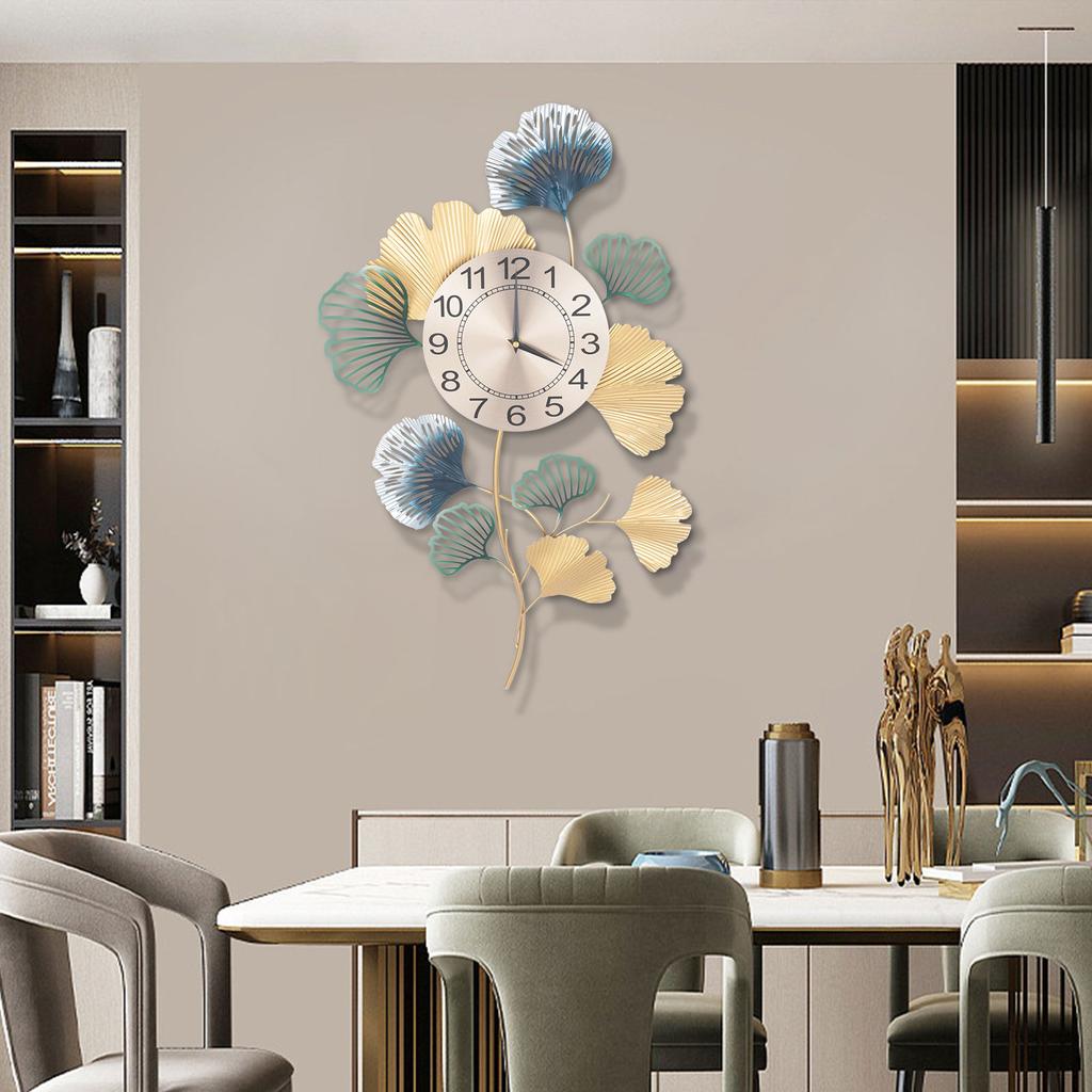 Ginkgo Leaf Wall Clock, Modern Metallic Finish, Large Battery Operated Silent Non-Ticking, 16x30 Inches, Farmhouse Kitchen Decor