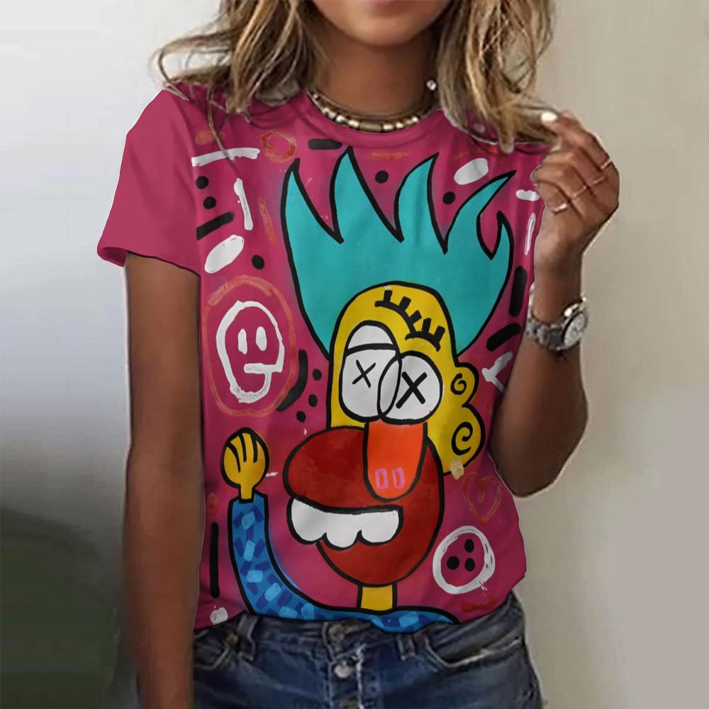 Letní dámské tričko Abstraktní kreslený potisk Tričko Harajuku Vintage Krátký rukáv Kulatý výstřih Top Nadměrné Dámský design Oblečení