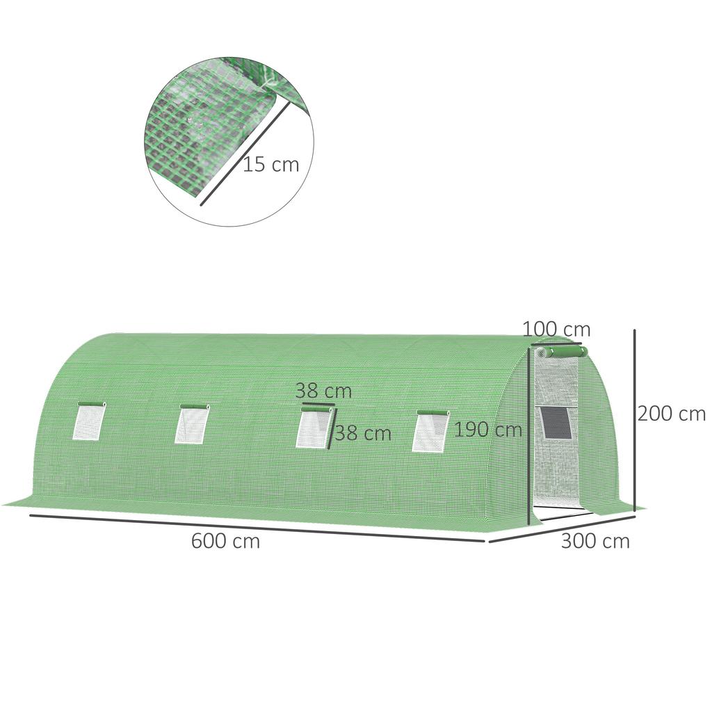 Walk-in Polytunnel Greenhouse. 8 Windows with Insect Netting. Durable Film. Steel Frame. 6 X 3 X 2 M. Green