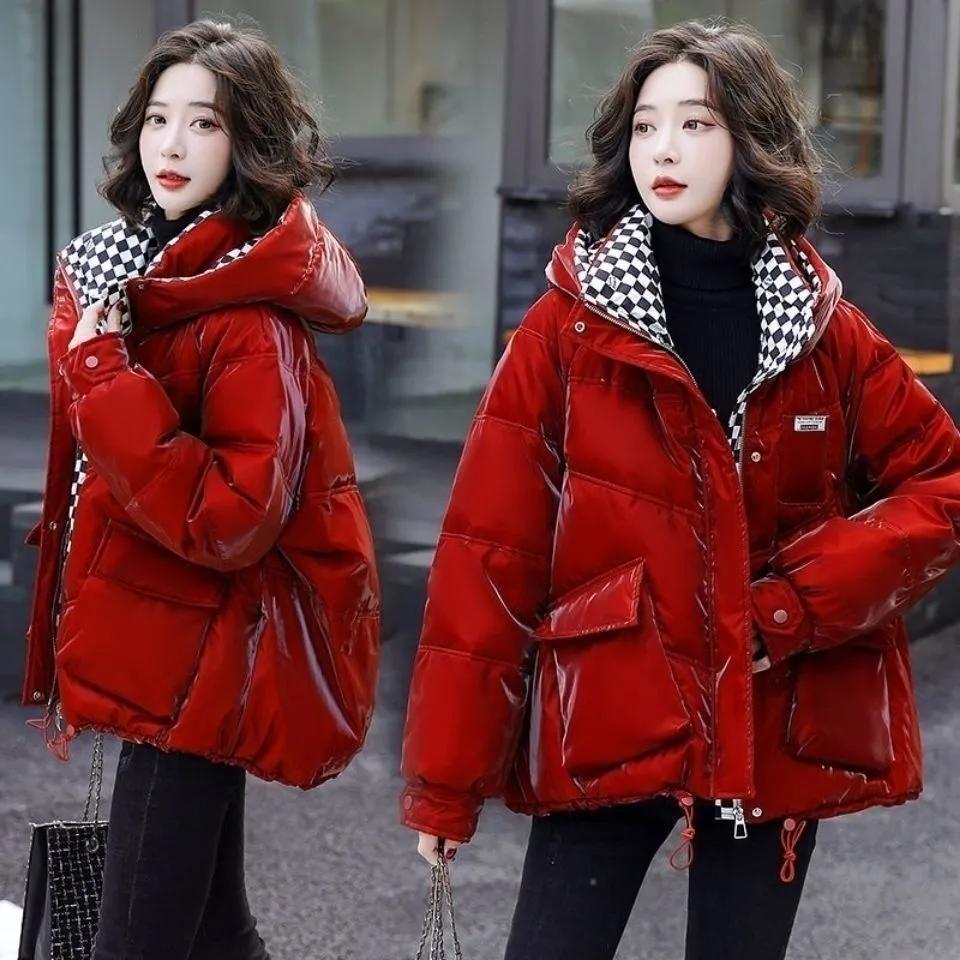 Shiny Disposable Large Size Padded Jacket Women's Short Loose Plaid Padded Jacket Winter Thick Warm Padded Jacket Tide