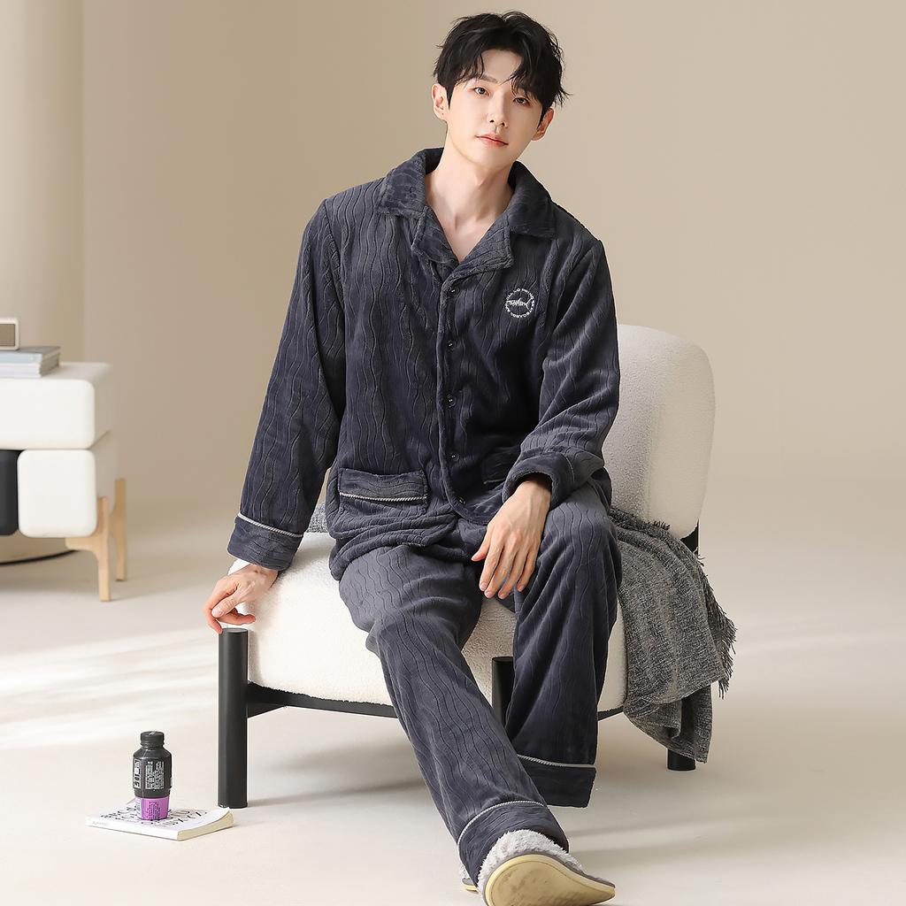 Coral fleece pajamas men's winter thickened fleece simple flannel warm can be worn outside autumn and winter loungewear suit