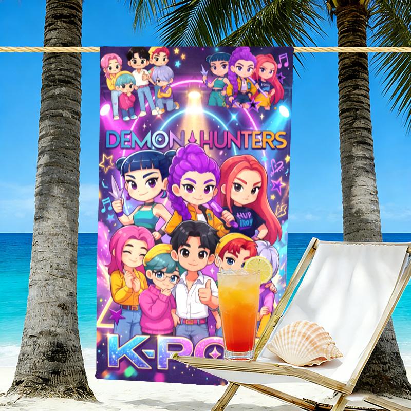 KPop Demon Hunters Print Beach Towel Design, Soft, Lightweight. for Home Bathroom, Spa, Pool, Yoga, Surfing, Camping, Gift for Family, Friend