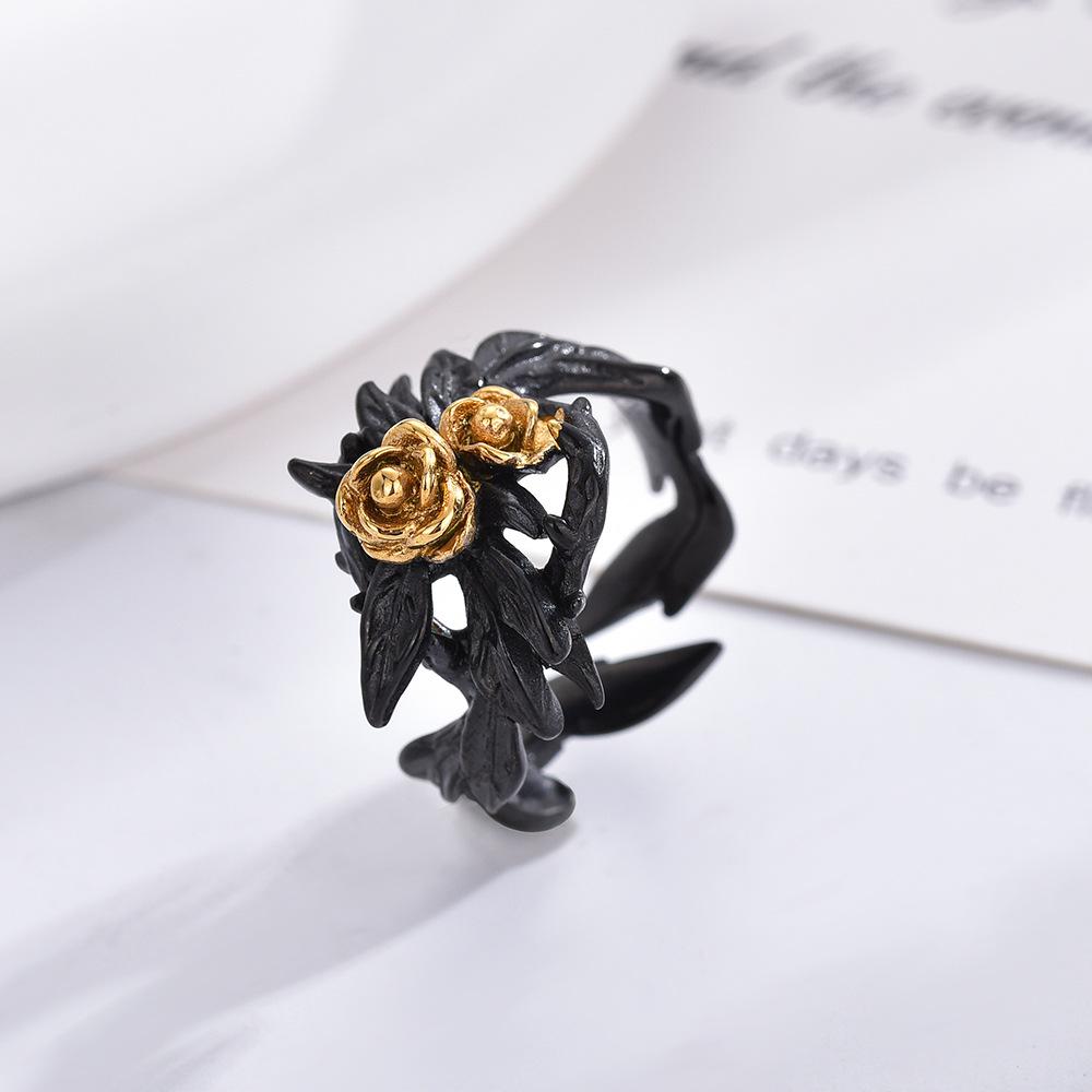 

Кольцо из серебра S925 в корейском стиле, простое модное кольцо из черного золота с виноградной лозой, новое литьевое кольцо с красной розой one size чёрный