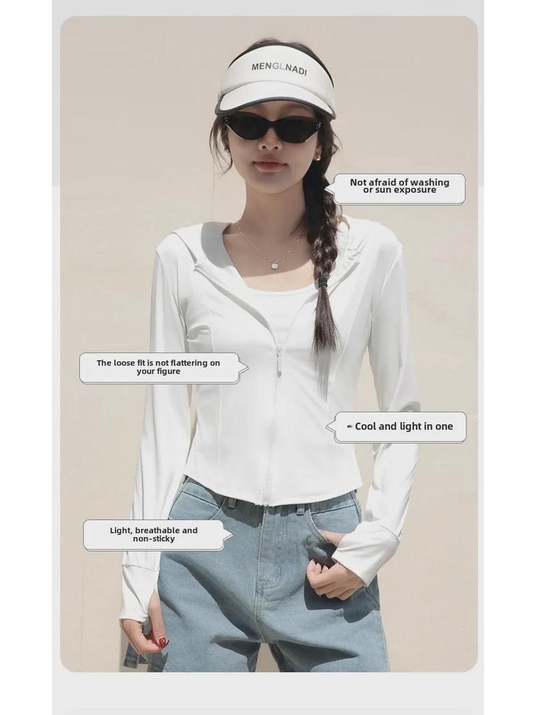 Jaqueta Feminina Slim de Seda Gelo com Proteção Solar - 2024 Top de Roupa Esportiva de Verão Resistente aos UV