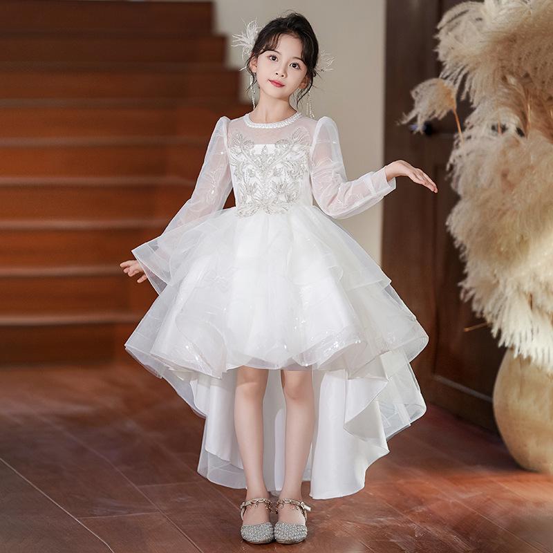 Children's High-End White Sequin Princess Dress - Short Front, Long Back, Perfect for Piano Performances, Weddings, and Autumn Flower Girl Events