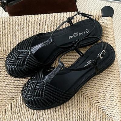 Fashion Woven T Strap Flat Sandals Women Elegant Round Toe Ankle Buckle Shoes Comfortable Soft Sole Gladiator Sandals