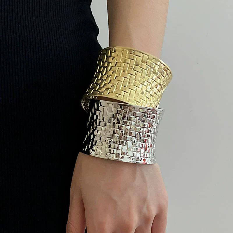Fashion Vintage Metal Woven Wide Self-Regulating Bangle Women Smooth Curved Open Bracelet Punk Jewelry Accessories