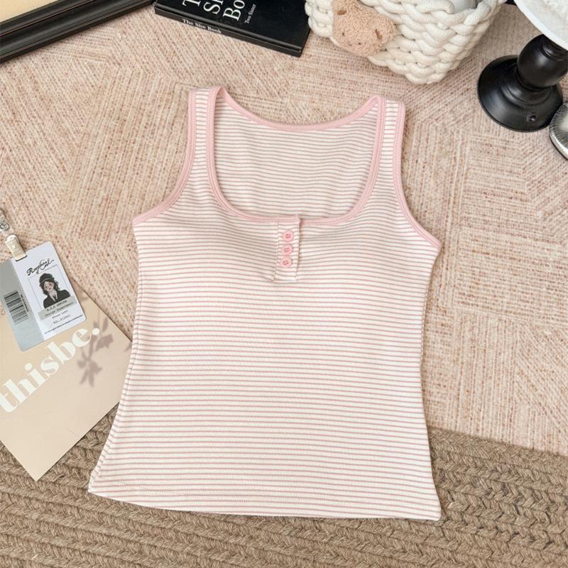 

Striped Color Block Square Neck Tank Top with Built-in Bra Buttons - Retro Fashion for Women One Size (80-135 jin)