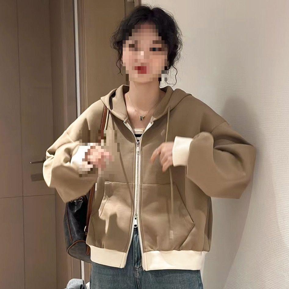 2025 Autumn-Winter Women's Patchwork Hooded Jacket: Loose Fit, Casual Zip-Up Petite Sweatshirt